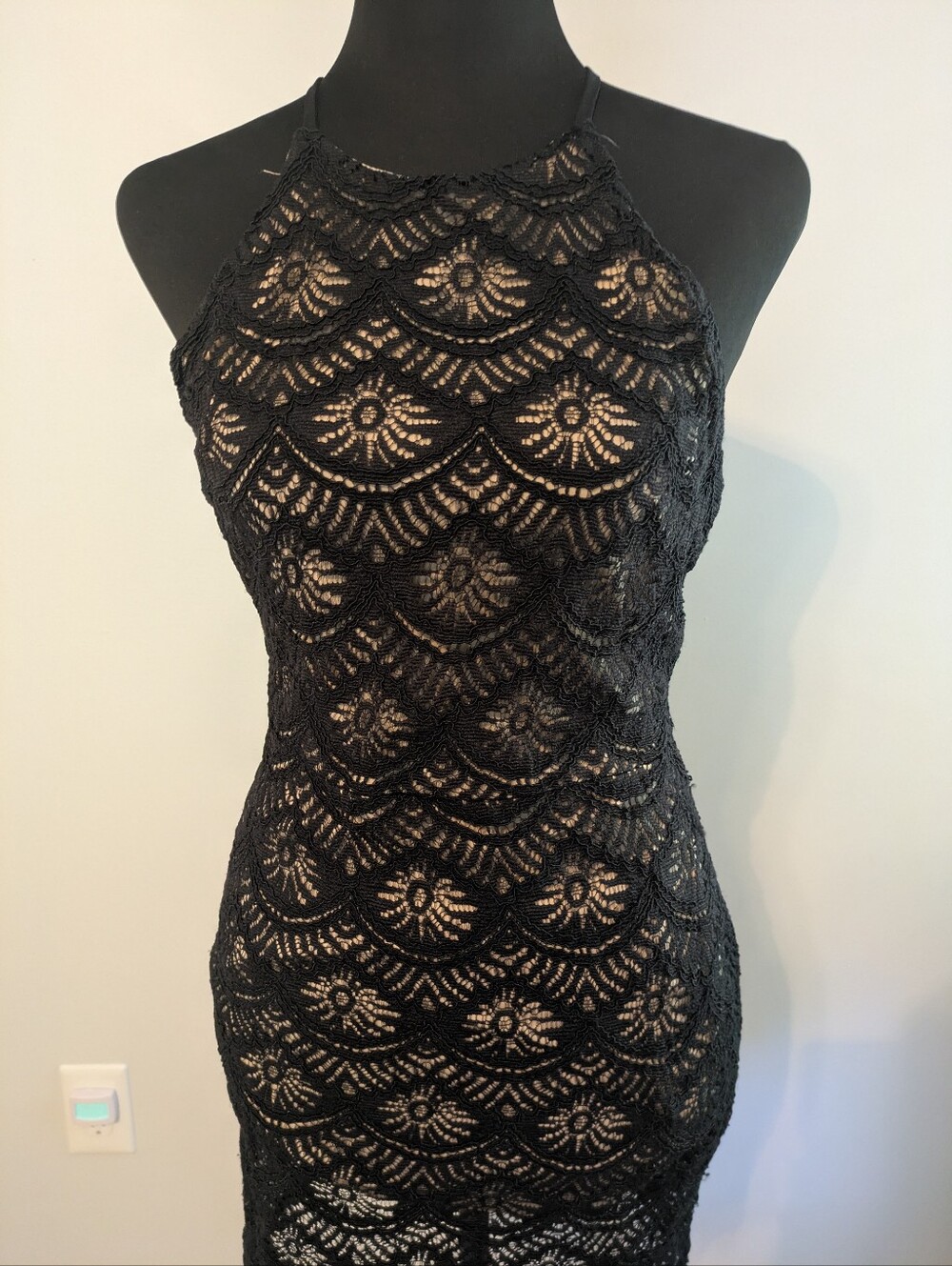 Monteau Black Lace Halter Dress Size S  Mini Scalloped Flapper Art Deco